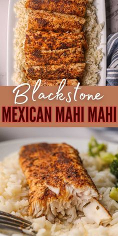 black stone mexican mahi mahi on a plate with rice and broccoli