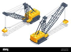 two yellow cranes are shown in this graphic art workbench, each with different types of lifting equipment