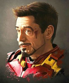 a painting of iron man with blood on his face and chest, looking to the side