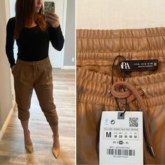 Nwt Zara Pleather Joggers. Size Medium Zara Pants, Tan Brown, Track Pants, Pant Jumpsuit, Pants For Women, Track, Zara, Size Medium, Pants