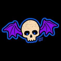 a skull with purple wings and a bat on it's back is in front of a black background