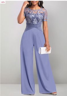 The ROTITA Lace Dusty Blue Long Round Neck Jumpsuit features a delicate lace design with a sophisticated dusty blue hue. Its long silhouette and round neck create an elegant and timeless look, perfect for any formal event Wide Leg Jumpsuit Formal, Pant Outfits, Jumpsuit For Wedding Guest, Classy Jumpsuit, Formal Jumpsuit, Wedding Jumpsuit, Jumpsuit Elegant, Short Sleeve Jumpsuits, Long Jumpsuits