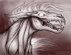 a drawing of a dragon's head with its mouth open and it's tongue out