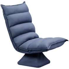 a blue chair with a pillow on top of it's back and foot rest