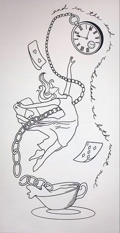 a black and white drawing of a person jumping in the air with a clock above them