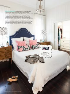 a bed with white sheets and pillows in a bedroom next to a dresser, shoes on the floor