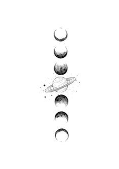 the phases of planets in black and white, with one being drawn to look like it is