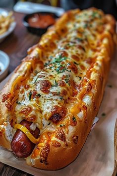 a hot dog on a bun with cheese and toppings