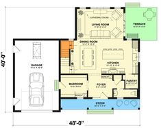 the floor plan for a home with two car garages and an attached living area