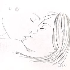 a drawing of a man kissing a woman's head with her eyes closed and nose close