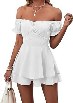 LYANER Women's Off Shoulder Wrap Tie Up Back Ruffle Short Sleeve Romper Short Jumpsuit Short Jumpsuits For Women, Off Shoulder Romper, Shoulder Wrap, Short Sleeve Romper, Short Sleeve Mini Dress, Ruffle Shorts, Womens Tie, Short Jumpsuit, Sleeved Romper