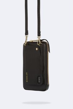 Grace Pebble Leather Pouch Black/Gold – Bandolier Black Wallet On Chain With Detachable Strap For Travel, Designer Black Wallet On Chain With Detachable Strap, Black Bag Strap With Removable Pouch, Black Leather Pouch With Card Slots, Black Leather Pouch With Detachable Strap, Flat Pouch, Leather Pulls, Wearable Technology, Zip Pouch