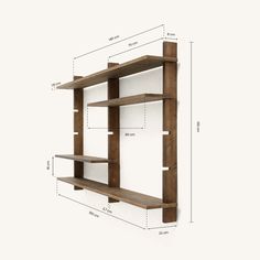 a wooden shelf with three shelves and measurements