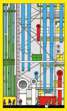 the cover of an illustrated book with pipes and piping lines in yellow, blue, and green