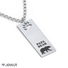 Style meets sentiment with this modern Dad necklace – the perfect piece for a distinctive man. The tag pendant features PAPA BEAR written over a bear graphic on the front and the option to personalize the back with a meaningful engraving. This necklace will be handcrafted in your choice of sterling silver or solid gold and includes a pick of matching chains. Create a unique gift for the Dad-to-be, Dad's birthday, Father's Day, or a special occasion. Cheap Personalized Name Necklace For Father's Day, Dad Necklace, Dad's Birthday, Bear Graphic, Papa Bear, Metal Engraving, Sterling Silver Mens, Dad Birthday, Metal Necklaces