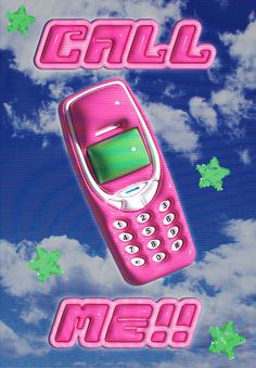 a pink cell phone flying through the air with stars in the sky behind it that says call me