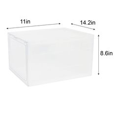 a white plastic storage box with measurements for the bottom and side drawers on each side