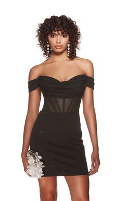 Classy but alluring, this off-the-shoulder short glitter homecoming dress 4819 hints at seductiveness. With a sheer corset-style waist, this off-the-shoulder short glitter cocktail dress features banded sleeves that drape over the upper arms for a look of romance at homecoming, wedding receptions, and other semi-formal events. In misses and some plus sizes, this stylish short party dress has a cowled sweetheart neckline in the same glittery fabric as the curve-hugging short mini skirt. Celebrate Glitter Hoco Dress, Corset Cocktail Dress, Corset Homecoming Dress, Glitter Homecoming Dress, Off Shoulder Corset, Glitter Party Dress, 80s Prom Dress, Sheer Corset, Black Homecoming Dress