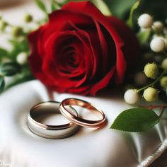 two wedding rings sitting on top of a white cloth next to a red rose