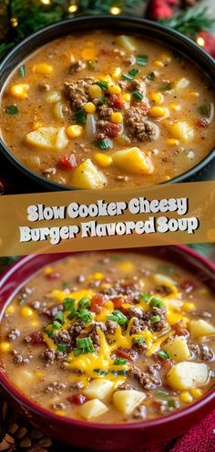 Slow Cooker Cheesy Burger Flavored Soup Soup Ideas With Ground Beef, Cheesy Soup Recipes, Kid Friendly Soups, Best Crockpot Soups, Easy Crock Pot Soup Recipes, Cheese Burger Soup, Cheesy Burger, Slow Cooker Soup Recipes, Slow Cooker Soups