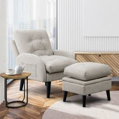 a living room scene with focus on the chair and ottoman