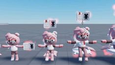 an animated image of five pink teddy bears in various poses, with one holding a piece of paper