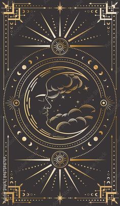 an art deco poster with the sun and moon in gold on black background, it is also