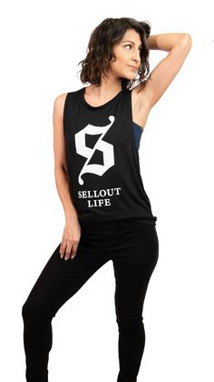 "Sellout Life Icon Logo Graphic Muscle Tee Tank; Low cut armholes with  curved bottom hem and relaxed, drapey fit; Great for creative and funky layering!  Combed poly/cotton blend S  W 20\" L 16\" M W 20.5\" L 16.5\" L W 21\" L17.5\" XL W 22 L 19.5" Graphic Muscle Tee, Blend S, Punk Glam, Rock Punk, Muscle Tee, Muscle Tees, Graphic Tees Women, Logo Graphic, Low Cut