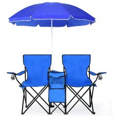 two blue chairs and an umbrella on a white background