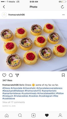 some yellow cupcakes with red roses in them on a white plate and an instagram post