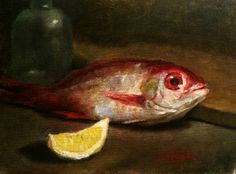 a painting of a fish with a slice of lemon next to it