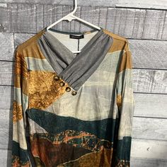 Multi-Colored Top, Never Worn, New With Tags Fall Multicolor V-neck Shirt, Fall Graphic Print V-neck Shirt, Peasant Sleeve, Velvet Tank Top, Gold Shirt, Velvet Shorts, Roxy Women, Home Color, Thermal Long Sleeve