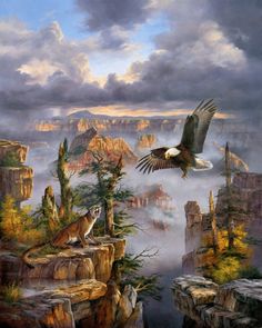 a painting of an eagle flying over a mountain range with other animals in the background