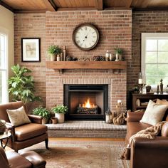 a living room filled with furniture and a clock on the wall above a fire place