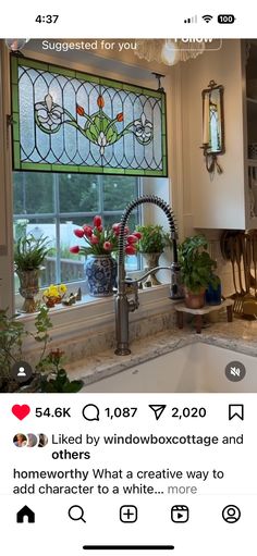 a kitchen sink with a window above it and some plants in front of the faucet