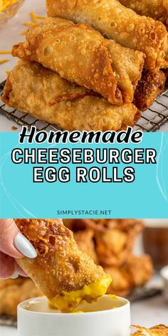 homemade cheeseburger egg rolls with dipping sauce on top and in the background, there is