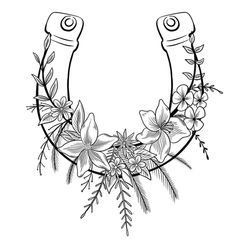 a black and white drawing of a horseshoe with flowers on the side, surrounded by leaves