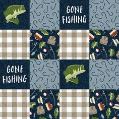 some fishing related items on a blue and white checkerboard background with the words gone fishing