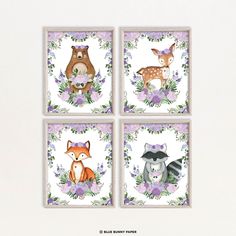 four square pictures with animals on them in purple and green florals, set of 4