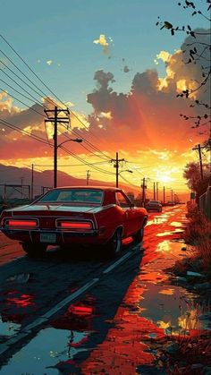 a painting of a red car parked on the side of a road in front of a sunset