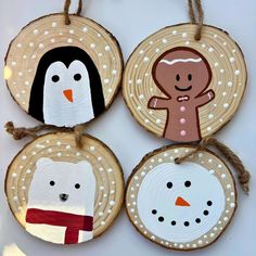 Add a touch of handmade charm to your holiday decor with these adorable hand-painted wood slice ornaments! This set features four festive designs: a cheerful penguin, a smiling gingerbread man, a cozy polar bear with a scarf, and a classic snowman. Each ornament is made from natural wood slices, highlighting the rustic wood grain and creating a warm, wintery vibe. Accented with hand-painted snowflake dots, these ornaments are perfect for decorating your tree, hanging on a wreath, or gifting to loved ones. Details: -Set of 4 ornaments (penguin, gingerbread man, polar bear, and snowman) -Size: Approximately 3-4 inches in diameter -Material: Natural wood slices with acrylic paint -Includes natural twine for easy hanging Bring home this charming set to make your Christmas extra special. Perfec Easy Wooden Ornaments, Polar Bear Wood Slice Ornament, Wooden Cookie Ornaments, Wooden Slice Ornaments For Kids, Easy Wood Slice Ornaments For Kids, Homemade Christmas Ornaments Clay, Wood Slice Ornament Ideas For Kids, Wood Slice Painted Ornaments, Paint Wooden Ornaments