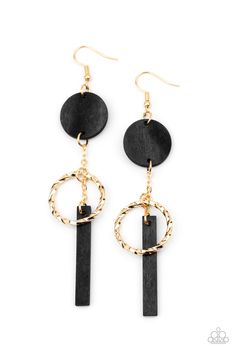 A twisted gold hoop is suspended between round and rectangular black wooden frames, creating a refined lure. Earring attaches to a standard fishhook fitting. Sold as one pair of earrings. Paparazzi Accessories Jewelry, Melon Music, Easy Jewelry, Jewelry Watch, Fish Hook Earrings, Black Bracelets, Paparazzi Accessories, Black Earrings, Gold Wood