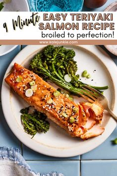 salmon and broccoli on a white plate with text overlay