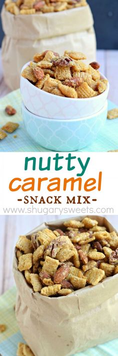 two bowls filled with nutty caramel snack mix on top of a blue table