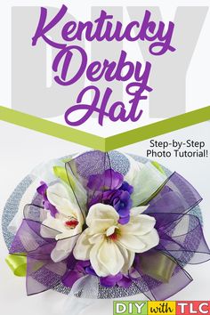 the kentucky derby hat is shown with purple and white flowers in it's center