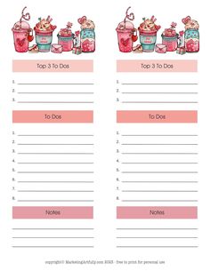 the top 3 things to do list is shown in pink and blue, with two cups filled