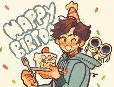 a drawing of a man holding a birthday cake with the words happy birthday on it