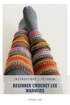 the legs and leg warmers are knitted in multicolored yarn, with text that reads beginner crochet pattern leg warmers