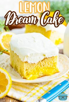 lemon dream cake on a plate with the title overlay