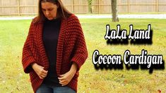 a woman standing in the grass wearing a red knitted cardigan with text overlay that reads, kala and cocoon cardigan